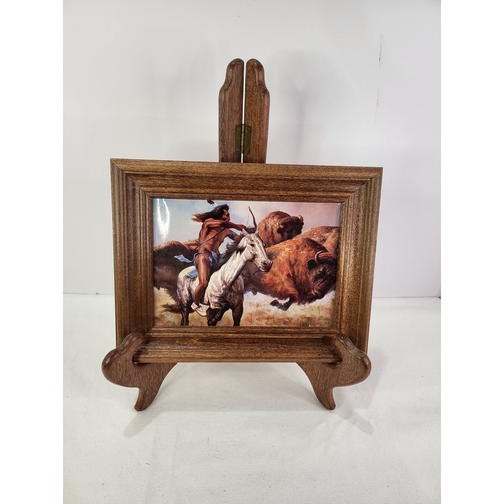 Gregory Perillo Buffalo Hunt Framed Ceramic Art Tile Western Native American Art
